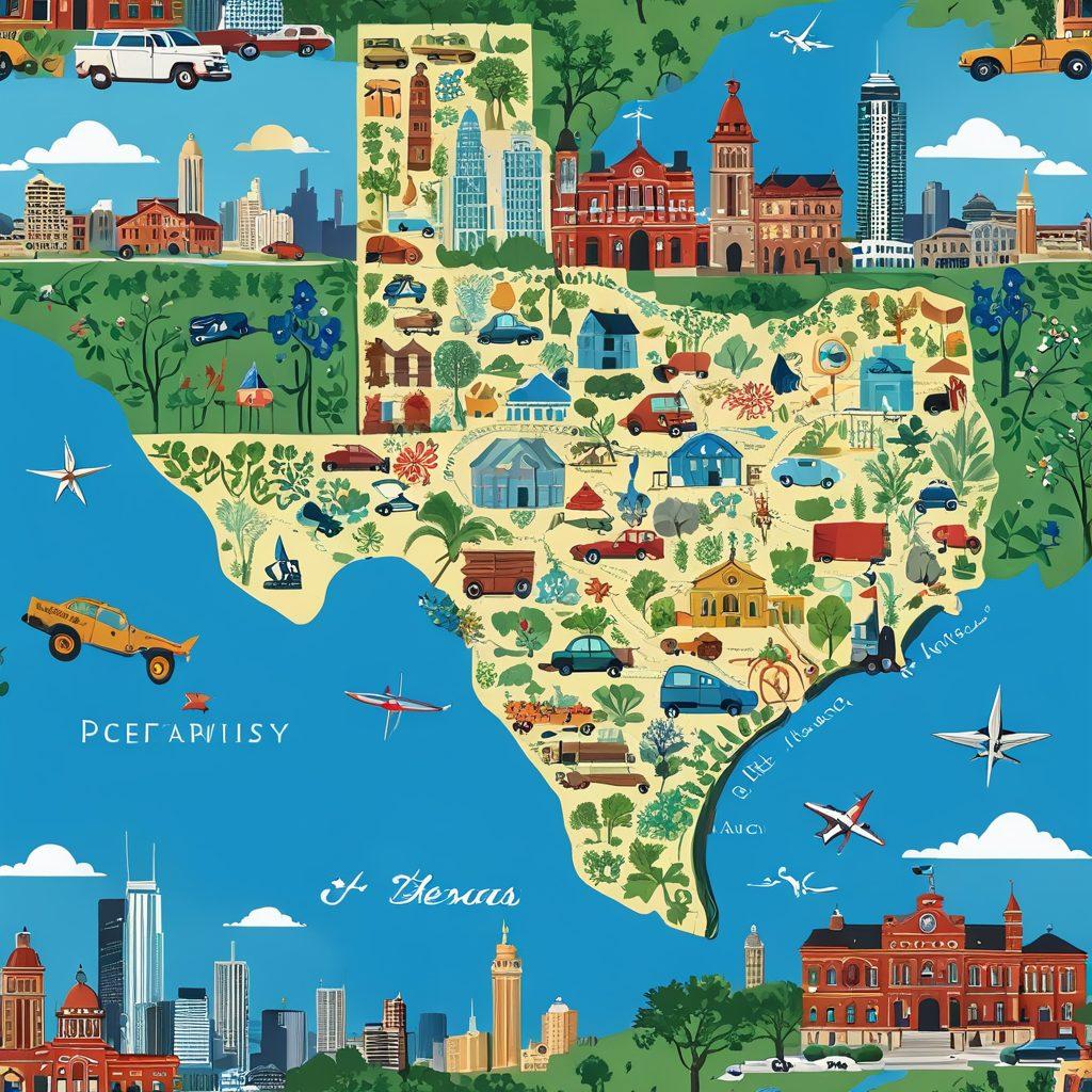 A detailed map of Texas featuring various insurance icons, such as homes, cars, and health symbols, illustrating the diverse insurance landscape. Include a compass to symbolize guidance and a person looking thoughtfully at the map while taking notes. The background should depict elements of Texas culture, like bluebonnets and a Texan skyline. Bright colors and a clear layout to inspire clarity. super-realistic. vibrant colors.