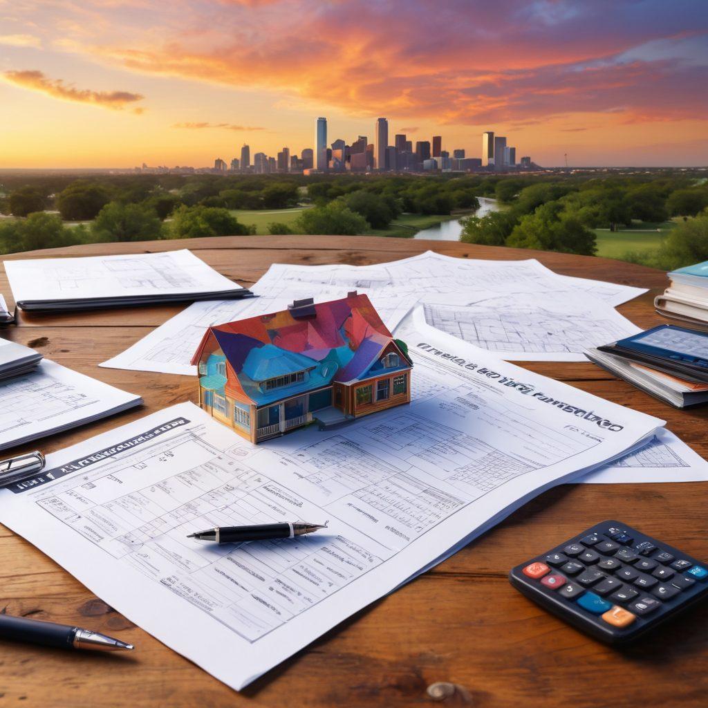 A Texas landscape showcasing a diverse group of policyholders engaging in a community meeting, with visuals of affordable solutions like insurance papers and calculators centered on a rustic wooden table. In the background, emphasize the iconic Texas skyline alongside symbols of affordability, such as dollar signs and open locks. The scene should exude a sense of collaboration and insight, with warm, inviting colors. super-realistic. vibrant colors. 3D.