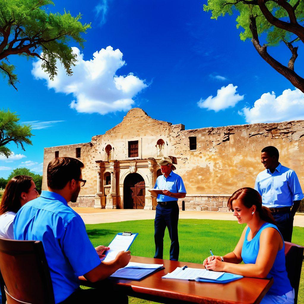 A Texas landscape featuring a friendly insurance advisor discussing policies with a diverse group of people under a bright blue sky. Illustrate iconic Texas landmarks like the Alamo and a vast open prairie to set the scene. Include visual elements like a clipboard and policy documents to signify insurance resources. Capture the essence of simplification and collaboration. vibrant colors. super-realistic.